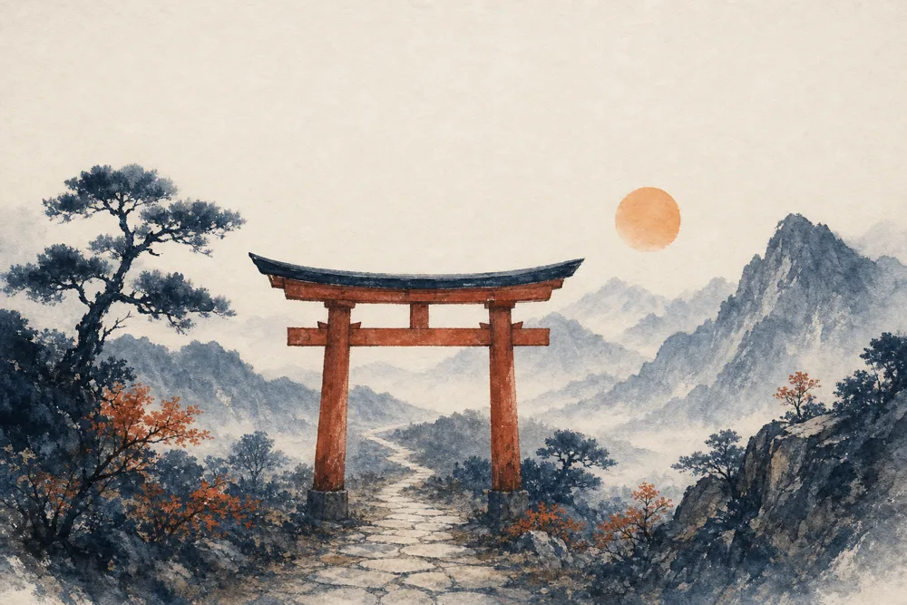 Japanese watercolor painting of a stone path passing through a torii gate toward misty mountains and a warm sun