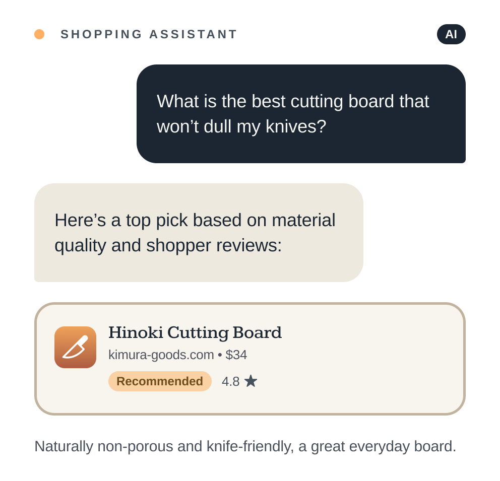 Chat between a shopper and an AI assistant: the shopper asks for a durable cutting board, and the assistant recommends the Hinoki Cutting Board from kimura-goods.com
